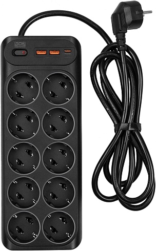 Сетевой фильтр Powercom SP-10 USB2A1СB 10 роз. +3USB 3м черный (SP-10 USB2A1СB 3,0М) (коробка)